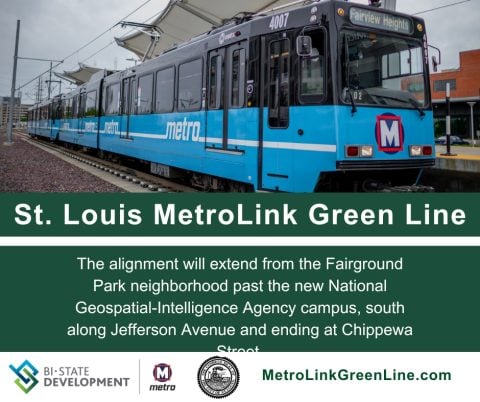 Image with photo of MetroLink train titled St. Louis MetroLink Green Line with URL MetroLinkGreenLine.com
